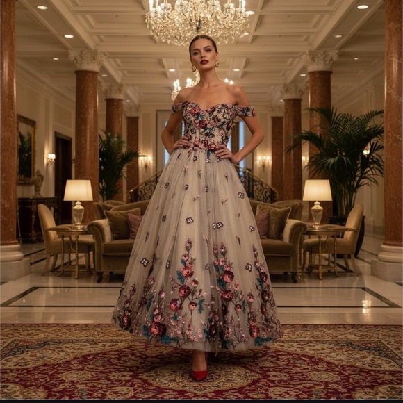 sachin and babi light blue dress Mac Duggal Embroidered Floral A Line Midi Dress main image 0